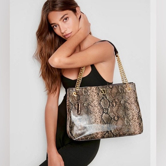 Victoria's Secret Handbags - Victoria's Secret Brown Snake Print Shoulder Bag with Gold Chain